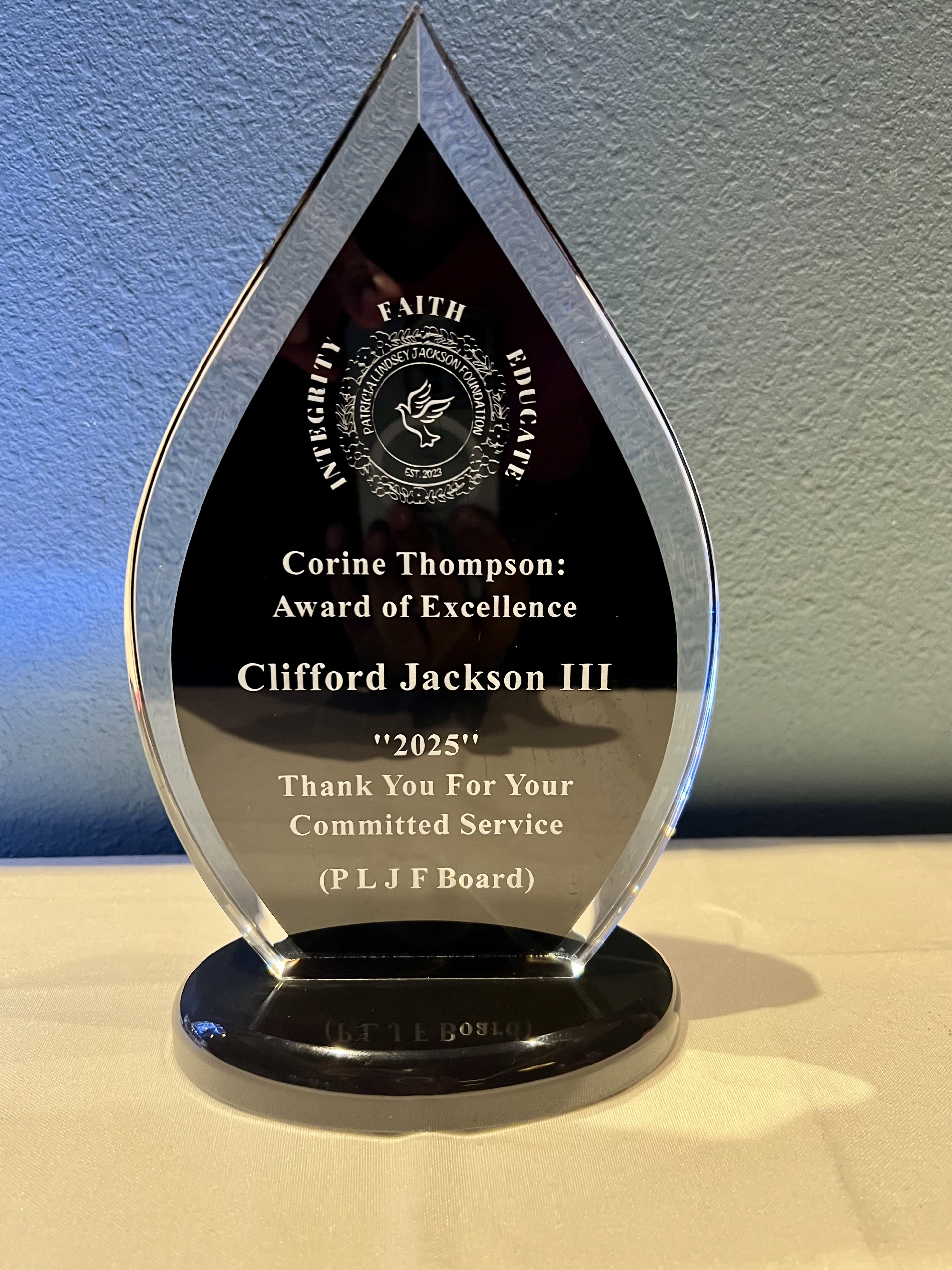 Corine Thompson Award of Excellence crystal trophy