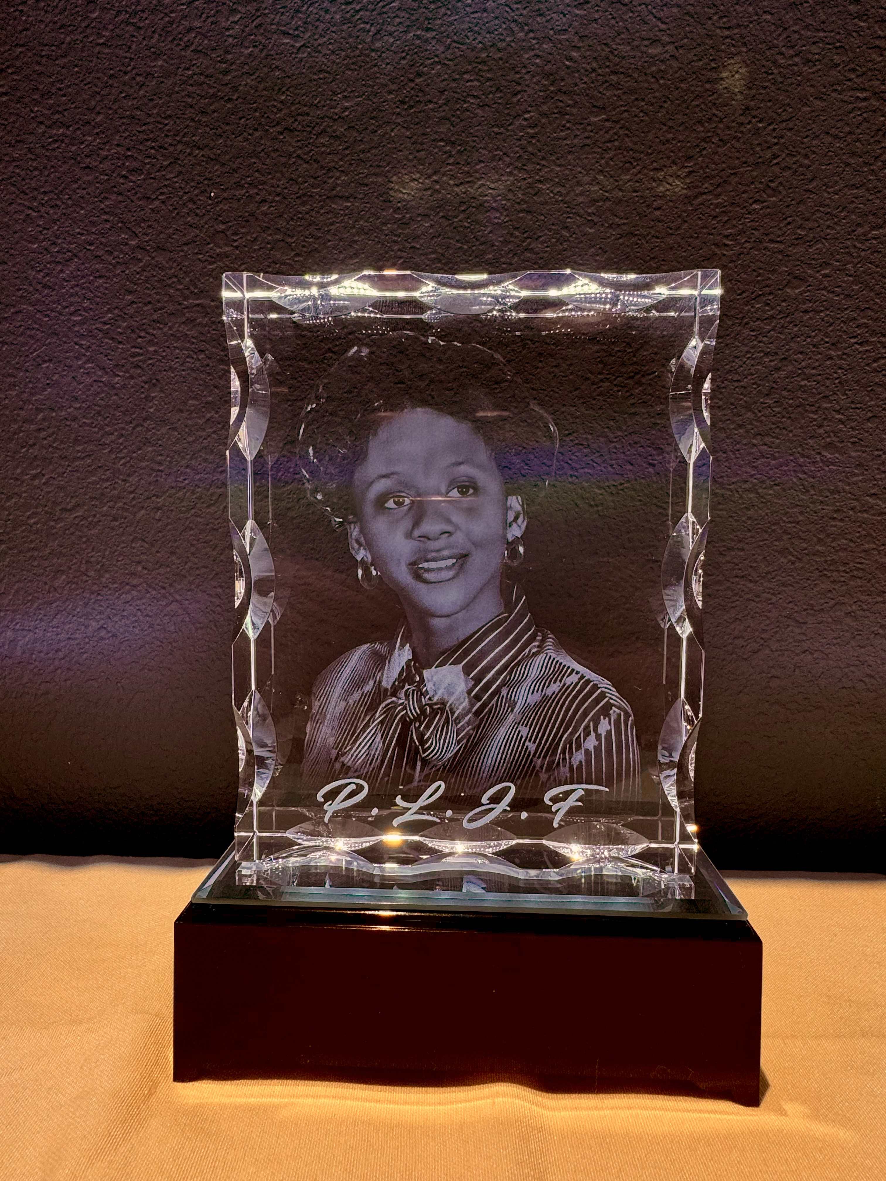 Beautiful crystal memorial honoring Patricia Lindsey Jackson